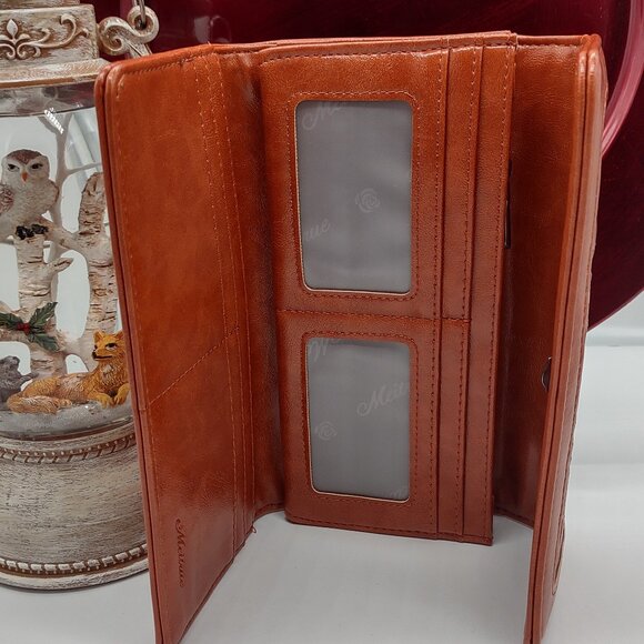 Women's Leather RFID Blocking Trifold Wallet with Embossed Design - Picture 2 of 9